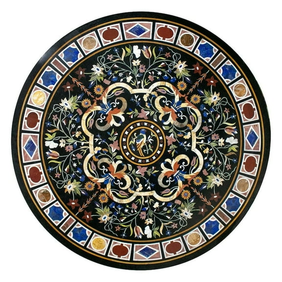Marble Inlay Coffee Table Top with Pietra Dura Design – Elegant Black Marble Inlay Table for Living Room, Unique Home Décor and Perfect Housewarming Gift Idea-48 Inch