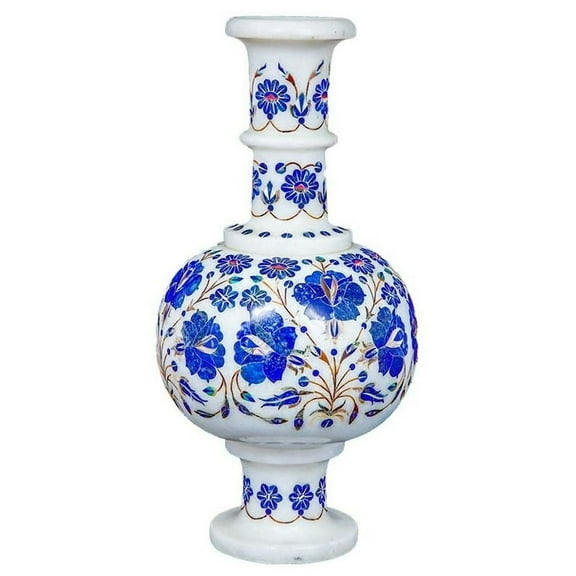 Marble Inlay Decorative Floral Vase with Stone Crafting, Pietra Dura Art, Taj Mahal Inspired Design, Unique Home Decor Piece