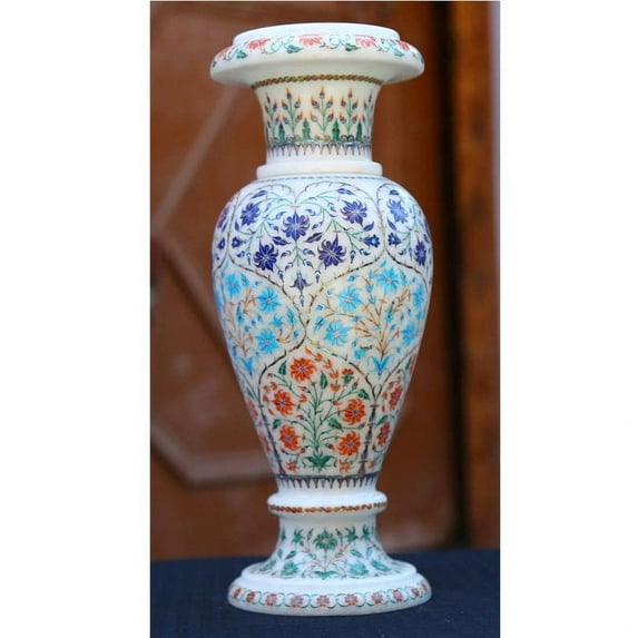 Marble Inlay Flower Vase Decorative Stone Floral Object Pietra Dura Art Taj Mahal Inspired India Home Decor