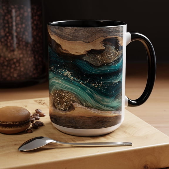 Marble Inspired Coffee Mug, Teal Gold, Nature Lover Gift, Modern Kitchen Decor, Giftful Mug, Ceramic Coffee Cup, Kitchen Drinkware