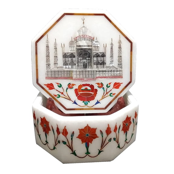 Marble Jewelry Box Rare Inlay Gem Tajmahal Marquetry Art Dcor