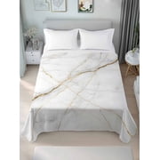 Marble King Size Flat Sheet, Wrinkleproof & Fadeproof Cooling Flat Bed Sheet Only, Grey Golden Crack Minimalistic Abstract Breathable Soft Bedding Top Sheets 105 x 98 Inches