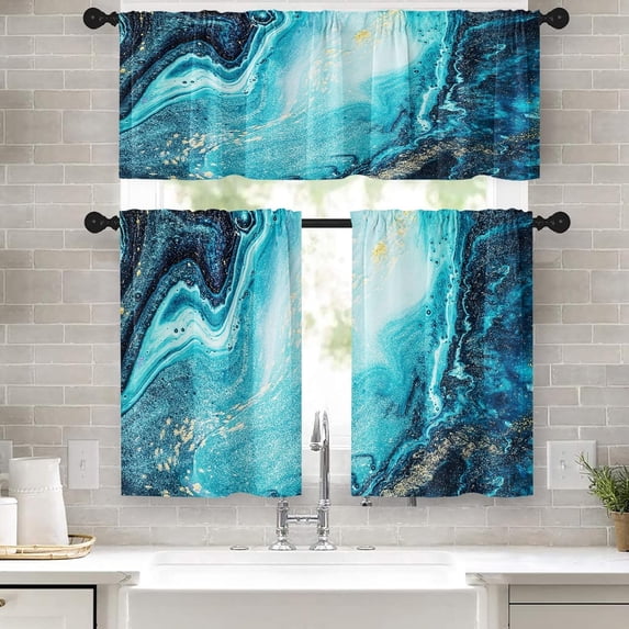Marble Kitchen Curtains Blue Gold Window Curtains and Valances Set 36 Inch, Abstract Texture Art Rod Pocket Short Tier Curtain, Modern Luxury Small Curtains for Kitchen Decor