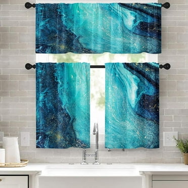 Marble Kitchen Curtains Blue Gold Window Curtains and Valances Set 36 Inch, Abstract Texture Art Rod Pocket Short Tier Curtain, Modern Luxury Small Curtains for Kitchen Decor