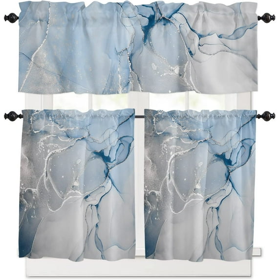 Marble Kitchen Curtains Set Short half Curtains 36 Inches Length, Blue and Grey Tier Curtains and Valance Set Watercolor Ink Painted Abstract Art Curtain Window Treatment Draperies for Cafe Bathroom