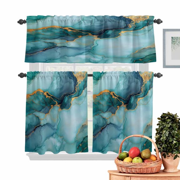 Marble Kitchen Curtains Valances 3 Piece Set, Abstract Art Teal Green Gradient Cave Rock Golden Lines Rod Pocket Tier Curtain and Valance Drapes for Small Window 24 Inch Length for Bedroom Cafe