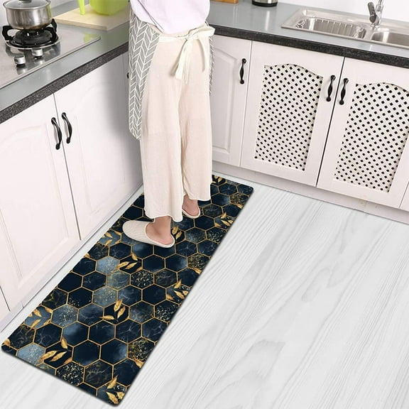 Marble Kitchen Floor Mat Waterproof Non Slip Cushioned Mat Leather Comfort Anti Fatigue Rug for Kitchen Sink Floor Foam Padded Kitchen Mat 17" W x 47" L Hexagon Marble & Gold Leaves