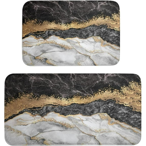 Marble Kitchen Mat 2 Pcs Anti Fatigue Black Gold Marble Kitchen Floor Mat Washable Water Absorbent Marble Look Kitchen Rugs for Bathroom Laundry Sink Kitchen Standing Mat