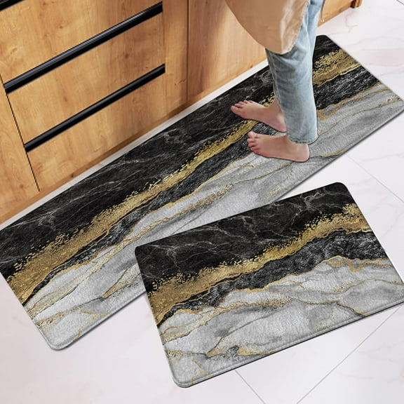 Marble Kitchen Mat Black and Gold Kitchen Rugs Kitchen Runner Mat Set for Floor Set Gold Abstract Runner Rug Black and Gold Kitchen Accessories Floor Mats Black Kitchen Rug for Bathroom