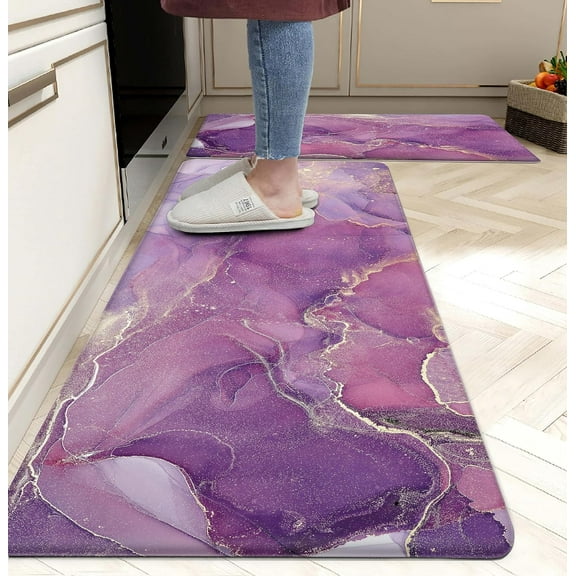 Marble Kitchen Mat Set of 2 Modern Purple Golden Abstract Kitchen Rugs Anti Fatigue Kitchen Floor Mat Padded PVC Heavy Duty Waterproof Comfort Standing Runner Rugs, 17.3x28+17.3X 47 inches