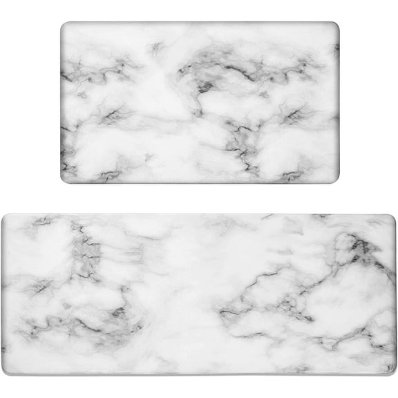 Marble Kitchen Mats for Floor (2 PCs) Cushioned Anti Fatigue Kitchen Rug for Comfortable Standing Waterproof, Easy Clean, Non-Slip, Thick Kitchen Mat Set for Home, Office, Sink, Laundry