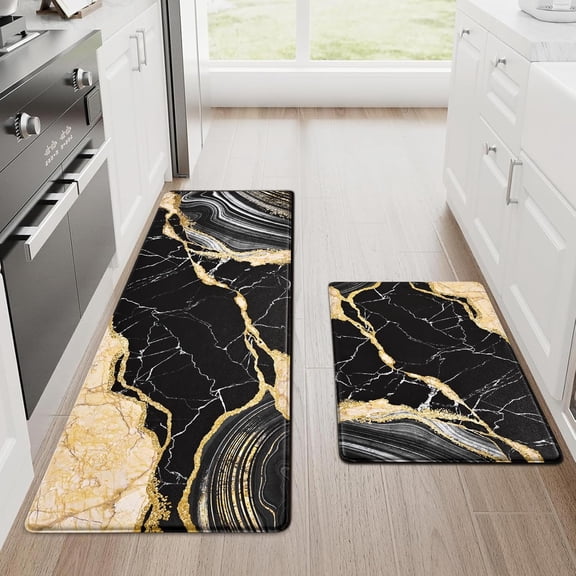 Marble Kitchen Mats for Floor 2 Piece Set, Anti Fatigue Cushioned Kitchen Floor Mats, Black Gold Marble Kitchen Rugs Non Slip, PVC Waterproof Floor Mat for Kitchen, 18" x 30" + 18'' x 48''