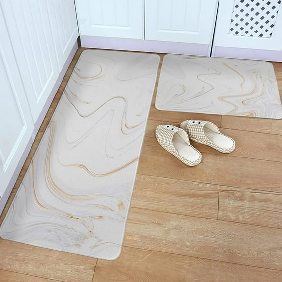Marble Kitchen Mats and Rugs Set of 2, White Washable Absorbent Grey Gold Kitchen Runner Rug Carpet Anti-Fatigue Comfort Mat for Kitchen Bathroom Laundry