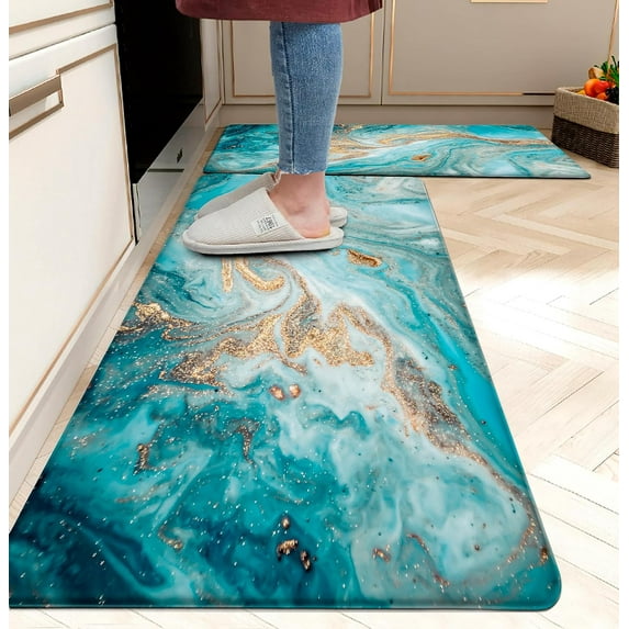 Marble Kitchen Rugs Abstract Blue Jade Texture Gold Ombre Modern Ink Art Decor Kitchen Floor Mat Cushioned Memory Foam Padded PVC Leather Heavy Duty Comfort Standing Runner Rugs