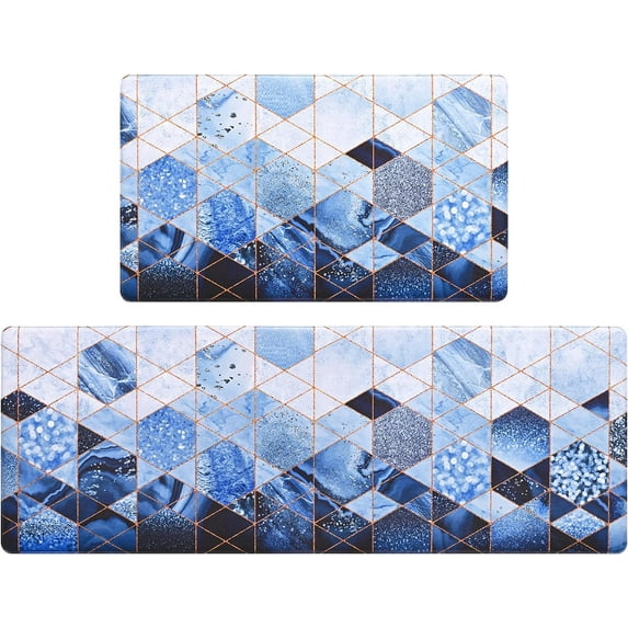 Marble Kitchen Rugs Sets of 2, Non Slip Washable Kitchen Mats Cushioned Anti Fatigue, Modern Comfort Standing Cushioned Kitchen Rugs and Mat Abstract, 17'''' x 30'''' + 17'''' x 47 '''', Blue & Gold