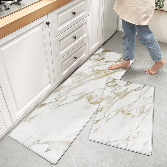 Marble Kitchen Runner Rug, Marble Texture White Gold Abstract Art Non Slip Runner Carpet Door Mats Floor Mat for Laundry Bedside Bathroom Bedroom Set of 2