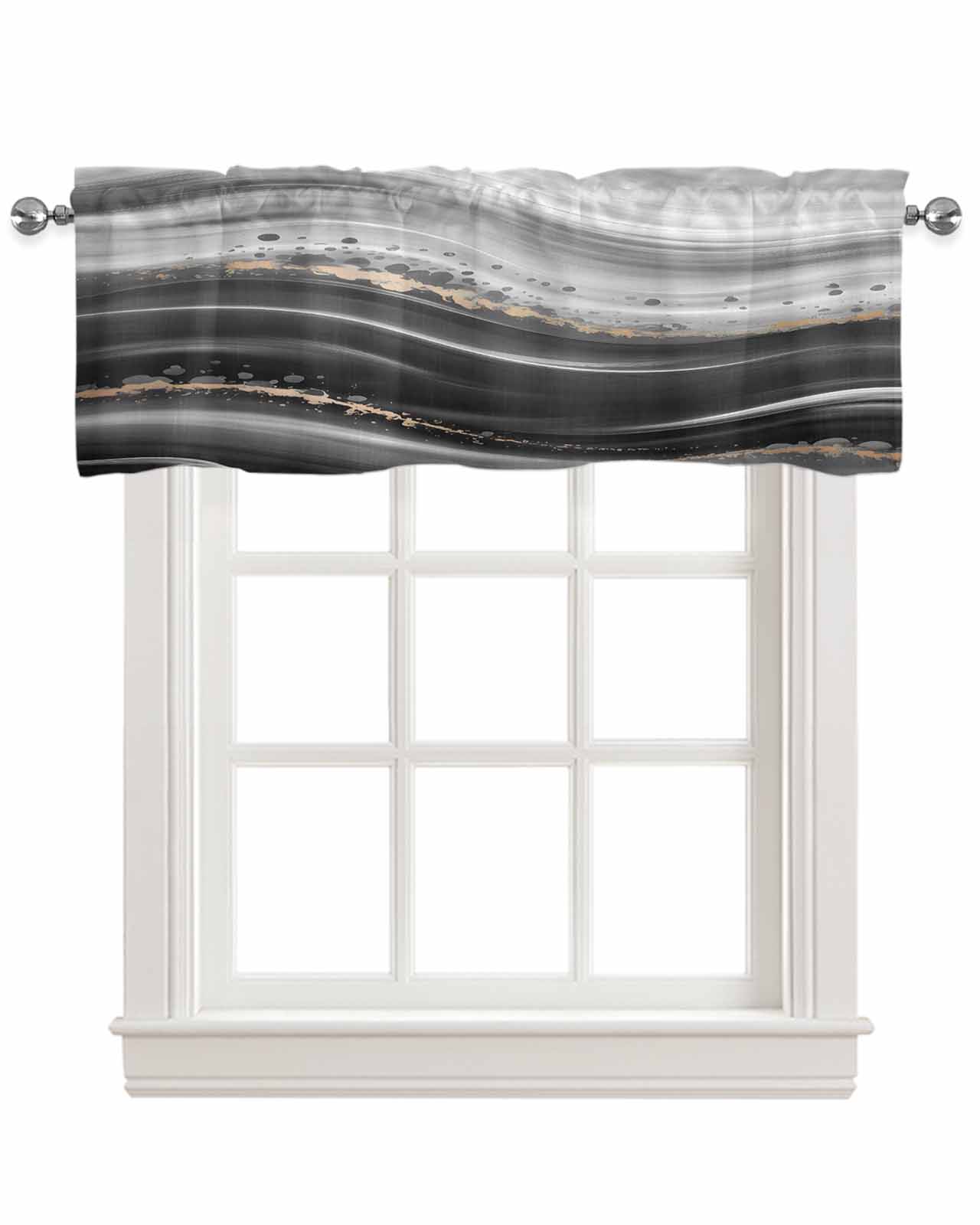 Marble Kitchen Valances for Windows Farmhouse Linen Window Valance Curtain for Living Room Window Treatment Black Grey Oil Painting Gradient Mottled Waves Valance Rod Pocket Topper, 42 x 18 Inch