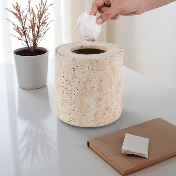 Marble Kitchen with Lid 6 Inch Travertine Small Garbage Can for Home, Office, Bedroom Accessories and Christmas Room Decor Organizer, Waste Bin