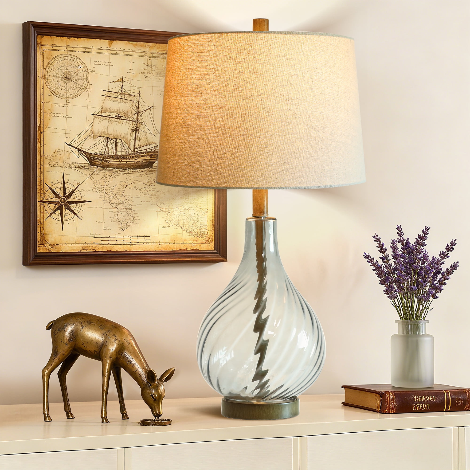28in Clear Spiral Glass Industrial Table Lamp, Bedside Lamp with Linen Lampshade Rotary Switch, Nightstand Light for Living Room, Bedroom, Office