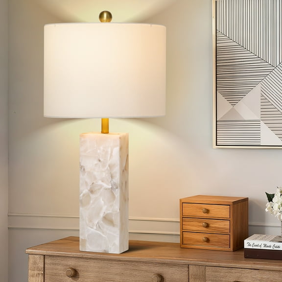 26.5in Alabaster Lamp, Marble Lamp Nightstand Lamp Bedside Desk Lamp with White Linen Lampshade for Bedroom Living Room Office