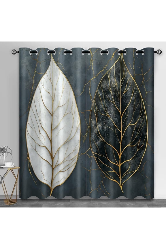 Marble Leaves Blackout Curtains For Living Room, Vintage Floral Bedroom Curtains, Plant Leaves Window Treatments, Room Darkening Grommet Drapes 38"W x 45"L (Pack of 2)