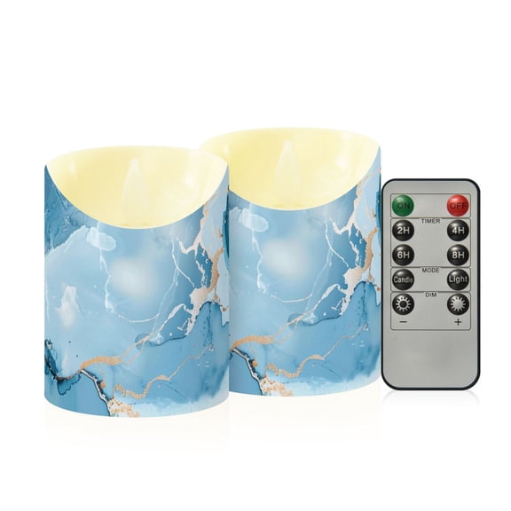 Marble Light Blue Gradient Flickering Flameless Candles with Remote Timer Battery Operated LED Tealight Set of 2 S