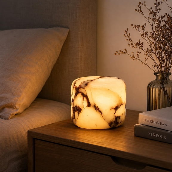 Marble Light Cube, Rechargeable Cordless Touch Stone Table Lamp | Wireless Tap Push Up Night Light, Luxury Natural Alabaster Ambient Luminous Sculptural Nightstand Bedside Mood Lamp
