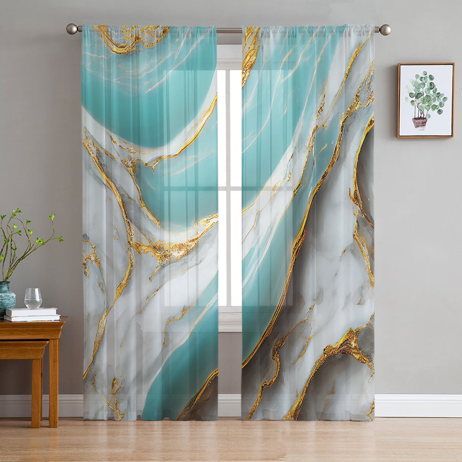 Marble Line Aqua Tulle Curtains for Living Room Bedroom Voile Sheer ...