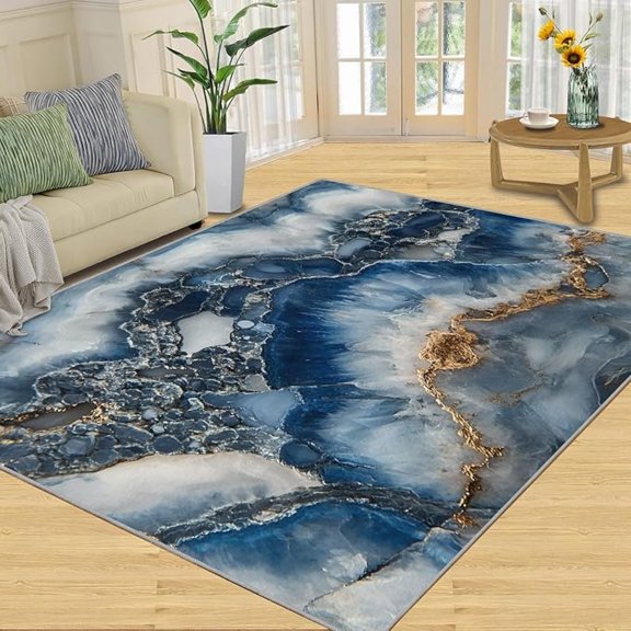 Marble Living Room Area Rug, Agate Rugs for Bedroom, Blue Carpet, Soft & Non Slip & Washable Rugs 2 x 3ft