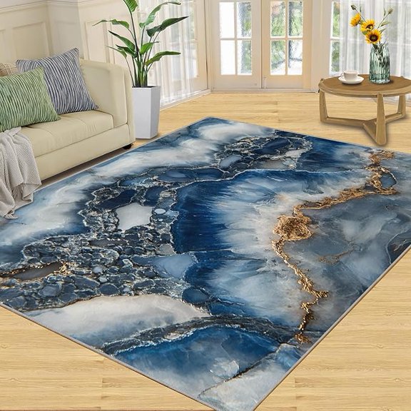 Marble Living Room Area Rug, Agate Rugs for Bedroom, Blue Carpet, Soft & Non Slip & Washable Rugs 3 x 4ft