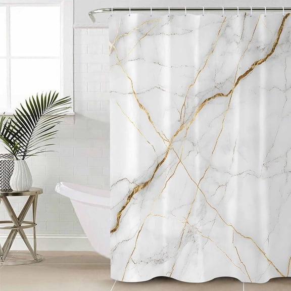 Marble Long Shower Curtain Set, Waterproof Shower Curtains for Bathroom, Grey Golden Crack Minimalistic Abstract Washable Fabric Cloth Bath Curtain for Bathtub Decoration with Hooks 72x84 Inches