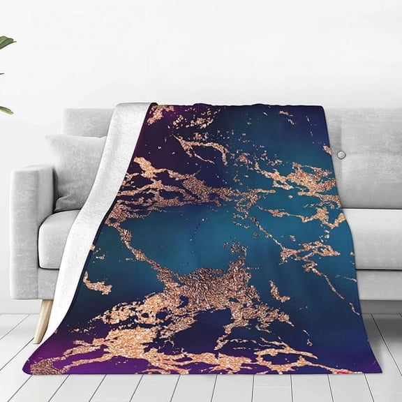 Marble Luxe Decor Dark Purple And Teal With Gold Throw Blanket For Couch, Ultra Soft Micro Fleece Blanket Light Weight Anti Pilling Flannel Air Conditioning Blanket 30" x 40"