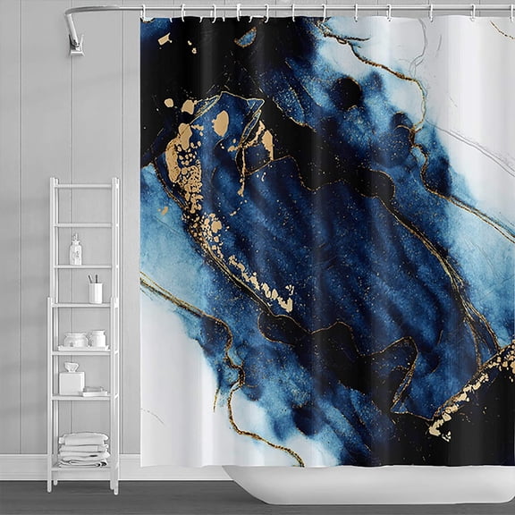 Marble Luxury Abstract Shower Curtain Waterproof Fluid Painting Blue and White Ink Gradient Golden Cracked Texture Painting Curtain Panel Polyester Fabric 72x84inches