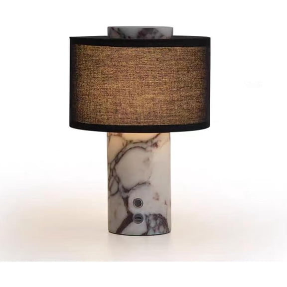 Marble Luxury Stone Rechargeable Touch Table Lamp, Cylindrical Shape, Linen Cloth Fiber Lampshade, High-End Light Luxury Bedroom Bedside Night Light (Black, White)