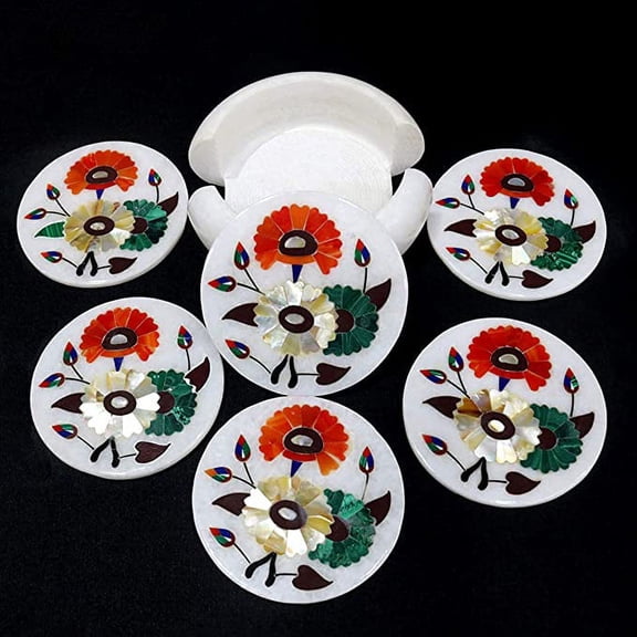 Marble Malachite And Semi Precious Floral Art Teapot Holder Coaster Set Marble coaster set