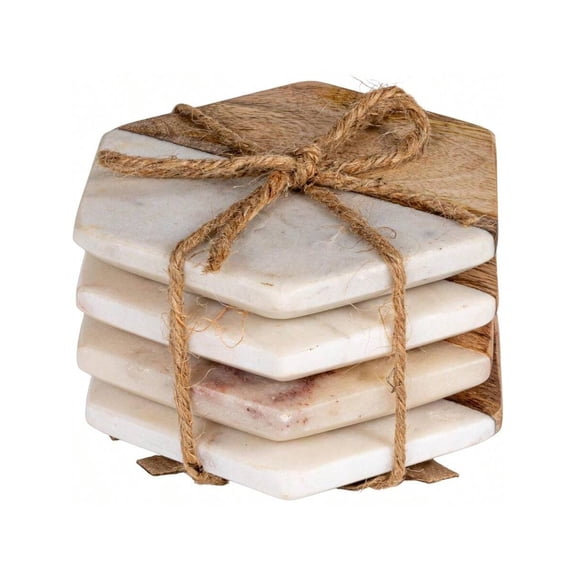 Marble and Mango Wood Hexagon Coasters, Set of 4 Modern Drink Coasters for Wooden Table Protection, Decorative White Stone & Wood Coaster Set for Coffee Table, Bar & Boho Decor