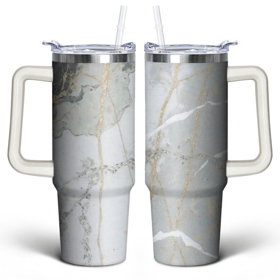 Marble Modern Geometric Flowers 30 Oz Tumbler with Handle Lid and Straw, Stainless Steel Double Walled Vacuum Insulated Cup, Cute Birthday Gifts Tumbler for Women Men Friends