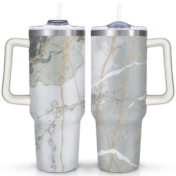 Marble Modern Geometric Flowers 40 Oz Tumbler with Handle Lid and Straw, Stainless Steel Double Walled Vacuum Insulated Cup, Cute Birthday Gifts Tumbler for Women Men Friends