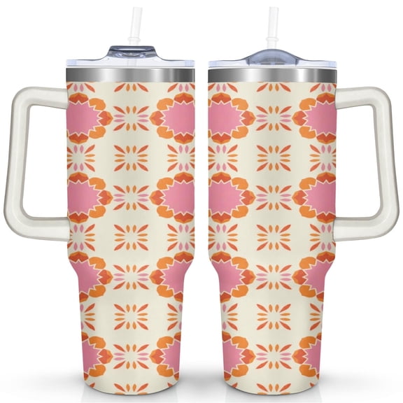 Marble Modern Geometric Flowers 40 Oz Tumbler with Handle Lid and Straw, Stainless Steel Double Walled Vacuum Insulated Cup, Cute Birthday Gifts Tumbler for Women Men Friends