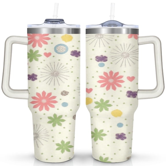 Marble Modern Geometric Flowers 40 Oz Tumbler with Handle Lid and Straw, Stainless Steel Double Walled Vacuum Insulated Cup, Cute Birthday Gifts Tumbler for Women Men Friends