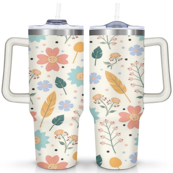 Marble Modern Geometric Flowers 40 Oz Tumbler with Handle Lid and Straw, Stainless Steel Double Walled Vacuum Insulated Cup, Cute Birthday Gifts Tumbler for Women Men Friends