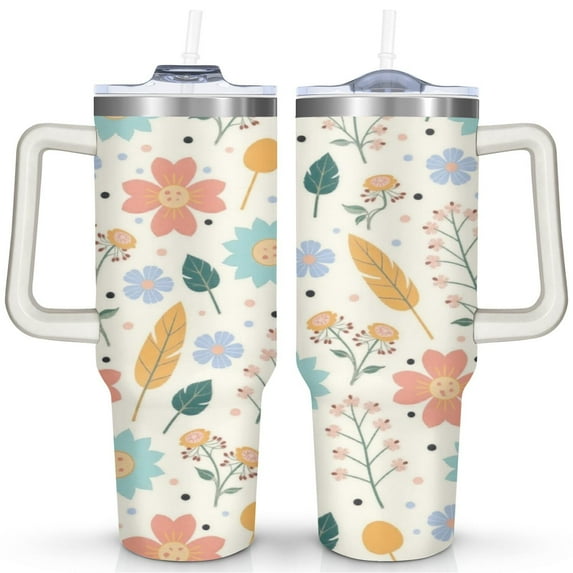 Marble Modern Geometric Flowers 40 Oz Tumbler with Handle Lid and Straw, Stainless Steel Double Walled Vacuum Insulated Cup, Cute Birthday Gifts Tumbler for Women Men Friends