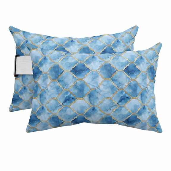 Marble Morocco Outdoor Chaise Lounge Pillows Blue Modern Geometric Gold Abstract Plaid Lumbar Pillows with Insert Adjustable Elastic Strap Headrest Pillow for Recliner Patio Chair 2 Pack 11x16 Inch