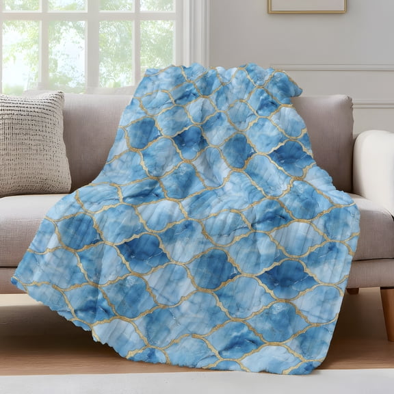 Marble Morocco Throw Blanket for Couch Blue Modern Geometric Gold Abstract Plaid Soft and Warm Flannel 3D Striped Fluffy Fuzzy Fleece Blanket Lightweight Throw for Bed, Sofa 50 x 60 Inches