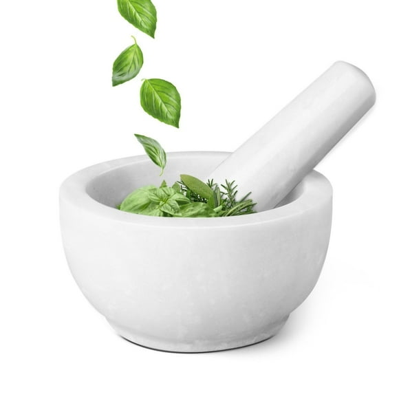 Marble Mortar and Pestle Set - Solid Granite Stone Grinder Bowl Holder 5.5 Inch For Guacamole, Herbs, Spices, Garlic, Kitchen, Cooking, Medicine (White)