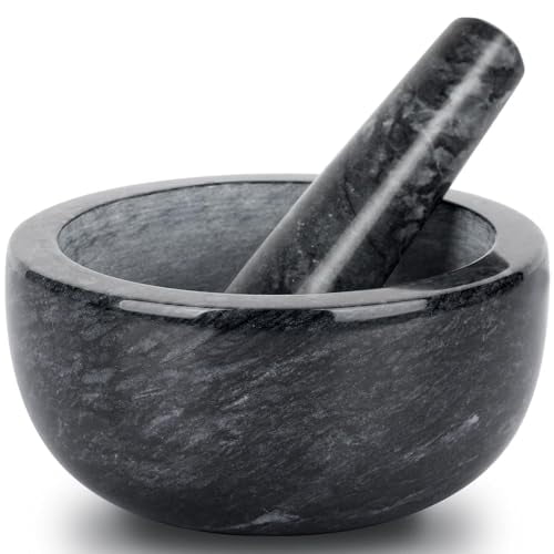 Marble Mortar and Pestle Set Large Solid Stone Grinder Spice Herb Grinder Pill Crusher (Black, Diameter 5.5")