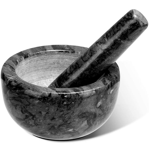 Marble Mortar and Pestle Set Small Bowl Solid Stone Grinder Spice Herb Grinder Pill Crusher (Black, Diameter 4.64")