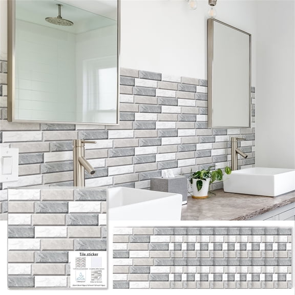 Marble Mosaic Peel and Stick Tile Sticker Waterproof Self-Adhesive Wall Decor for Bathroom & Kitchen Backsplash, Gray & White Long Strip Pattern, Easy Cut & Install (10 Sheets per Pack)