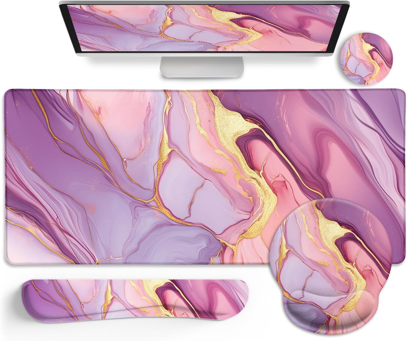 Marble Mouse Pad Set Large Desk Matt for Desktop, Ergonomic Mouse Pad with Wrist Rest for Gaming Wrist Support Keyboard Mat Cup Coaster Set Office Desk Decor Accessories
