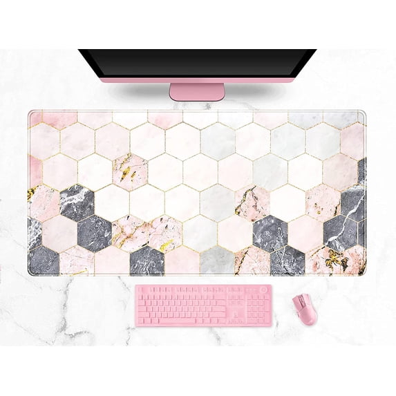 Marble Mouse pad Extended Full Desk Protector Mousepad Large Gaming Pink Grey Tiles Print Mouse Pads with Stitched Edges XXL,Keyboard Mat with Non-Slip Rubber Base for Office Home Work